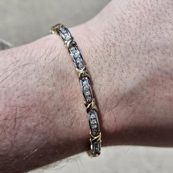 10KT White & Yellow Gold X Link Diamond Tennis Bracelet 7 Inches Long 4mm Wide - Picture 1 of 10